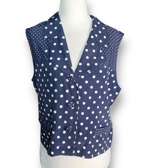Vintage Navy Blue Polka Dot Waistcoat Tailored  Suit Blazer Vest Vneck Tie Back - Picture 3 of 12